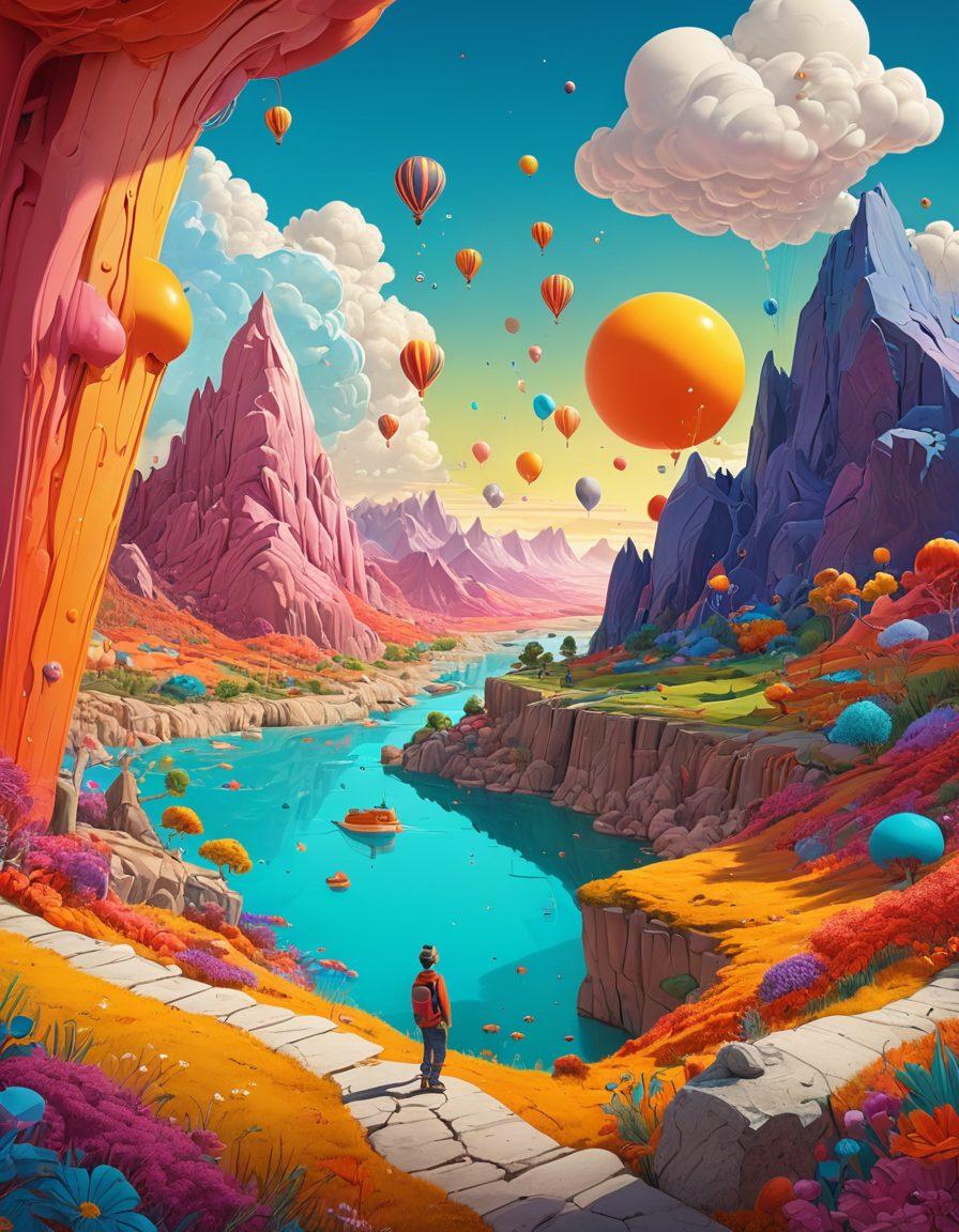 A whimsical, yet thought-provoking illustration depicting a surreal landscape where playful cartoon characters and mature-themed elements intertwine. Include vibrant colors with a contrast between lightheartedness and depth, such as a giant pencil drawing outlines of complex emotions amid a colorful backdrop. Elements like abstract shapes and thought bubbles should convey creativity and reflection. super-realistic. vibrant colors. 3D.